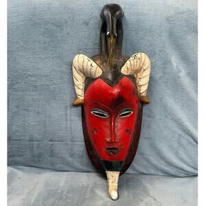 African Guro Mask: Red Horned Goat w Raven Hand Made Carved Wood Decor